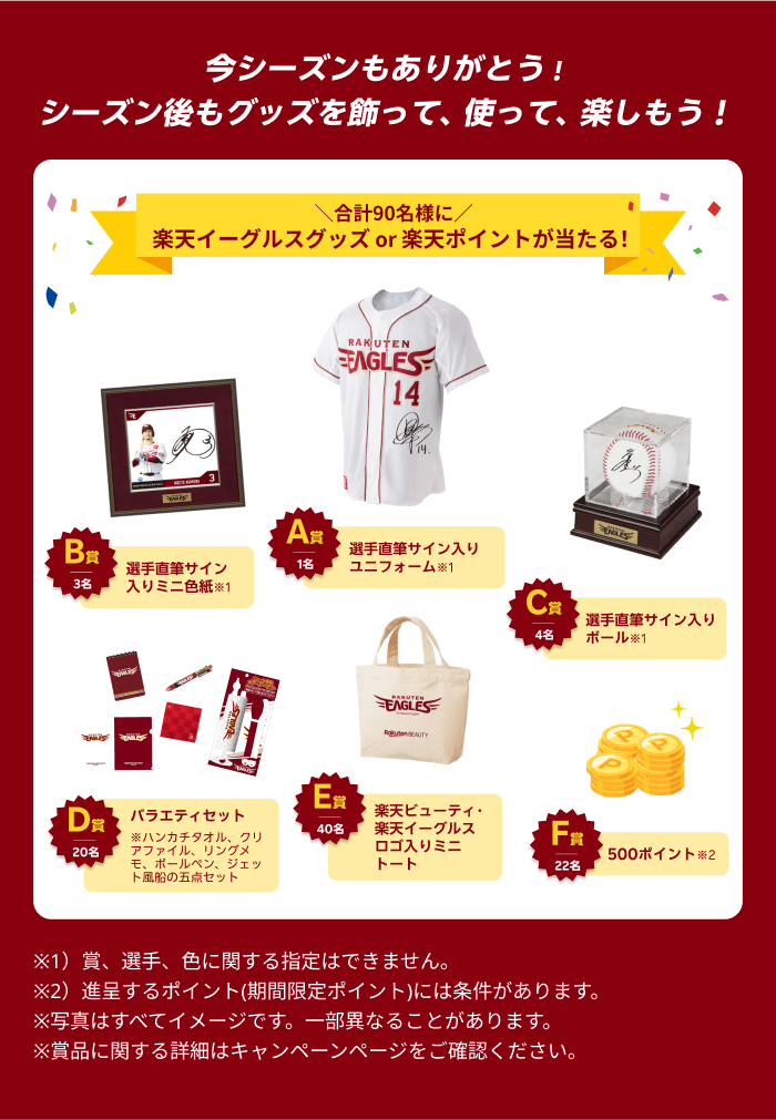 抽選で合計90名様に楽天イーグルスグッズor楽天ポイントが当たる！