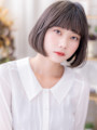 ぱっつん前髪グレーアッシュワンカールボブ　ワンレンb
