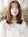 春カラーブリーチなし小顔ミディアムレイヤー　ミルクベージュ