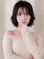 黒髪シースルーバングハッシュカットひし形レイヤーボブ20代