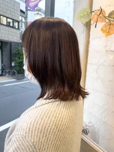 前髪ありくびれ外ハネセミディココアブラウン40代梅ヶ丘美容室 - CHAINON掲載