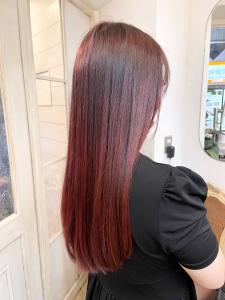 ブリーチなし暖色系ローズレッド加工なしロングヘアー経堂豪徳寺