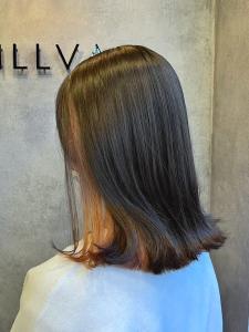 インナーカラーオレンジイメチェン似合わせカットワンレンボブ - N° jillva 立川掲載