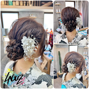 【ヘアセット】 夏の浴衣 白飾り花 まとめアレンジ