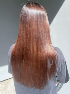 髪質改善 ストレートヘア サラツヤロング ピンクベージュ