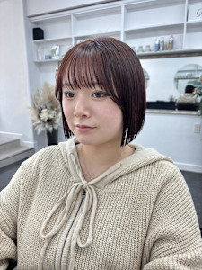 暖色カラー/暖色ボブ/シースルーバング/ヘイリーボブ/中華街