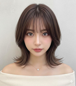 韓国風くびれミディアム外ハネウルフ×ショコラブラウン小顔ボブ