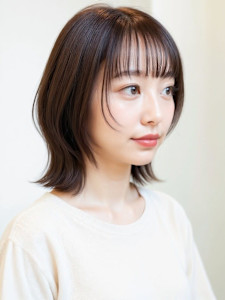 顔回りレイヤーカット外ハネ小顔ミディアムp1　シャギーウルフ