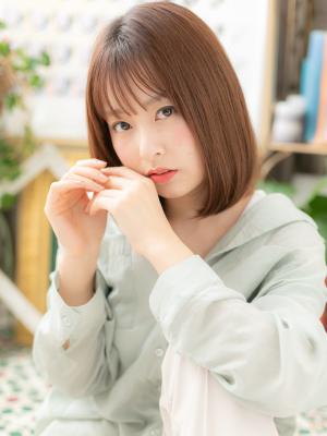 シースルー前髪ツヤ感ココアブラウン小顔ロブ　艶カラー