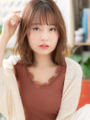 くせ毛風透け感パーマ♪小顔ゆるふわミディ　暖色系カラー
