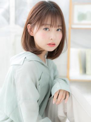 シースルー前髪ツヤ感ココアブラウン小顔ロブ　大人ガーリー