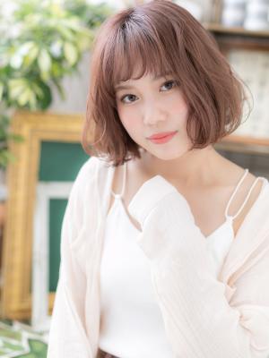 大人かわいいAラインくすみピンク小顔ロブ　エアリーミディ