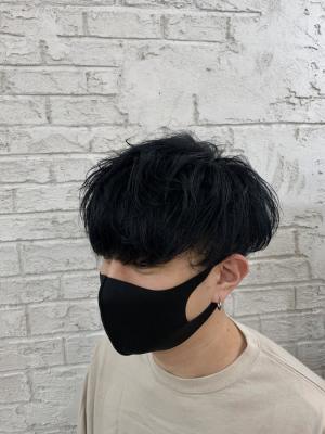 韓国風刈り上げマッシュブルーブラック　8034