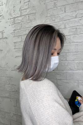 バレイヤージュ切りっぱなしボブワンレングスシルバー2193