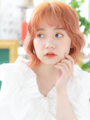 くせ毛風フェザーボブ×オレンジベージュ　シースルーバング