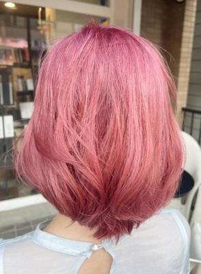 全頭、縮毛矯正からのシャーベットピンク