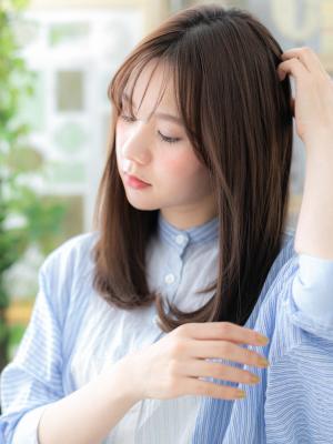 シースルーバングナチュラルエアストレート　ミルクティピンク