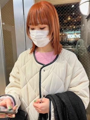 オレンジカラー　オレンジベージュ　ミニボブ　ウルフカット