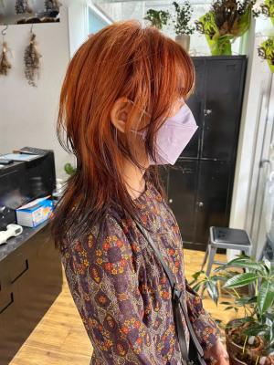 オレンジカラー　オレンジベージュ　ウルフカット　ミニボブ