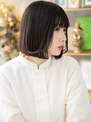 バレイヤージュ黒髪内巻きワンカール小顔ボブ　ヘルシースタイル
