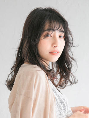 三軒茶屋_レディース_セミロング_ブラック_コテまき_パーマ 三軒茶屋_レディース_セミロング_ブラック_コテまき_パーマ