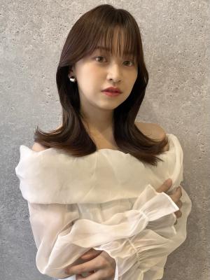 三軒茶屋_レディース_セミロング_ブラウン_コテ巻き_パーマ 三軒茶屋_レディース_セミロング_ブラウン_コテ巻き_パーマ