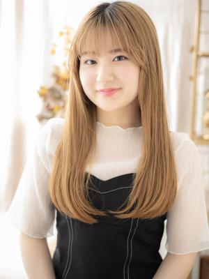 ハイトーンカラー透けバングエアストレート　ことりベージュ