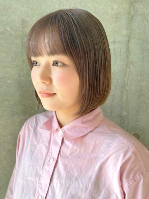 切りっぱなしボブ　シースルーバング　ミニボブ　丸み　透明感