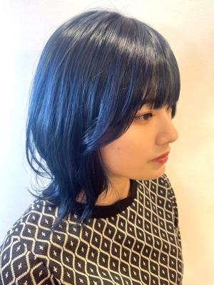 ブルーブラック　フルバング　くびれアレンジ　　ハイライト
