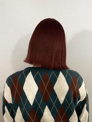 フルバングレッドブラウン似合わせカットカルマパーマ
