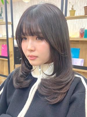 丸型卵形レイヤーカットエアリーロング美髪ピンクブラウン渋谷