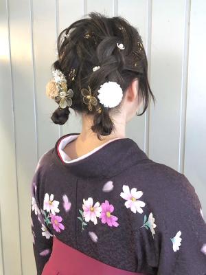 和装ヘアセット　編み込みツインお団子アレンジ