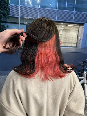 黒髪/グレーベージュ/レイヤーロング/前髪パーマ