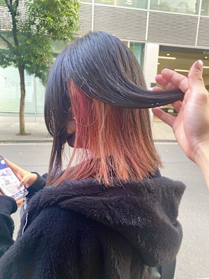 黒髪/グレーベージュ/レイヤーロング/前髪パーマ