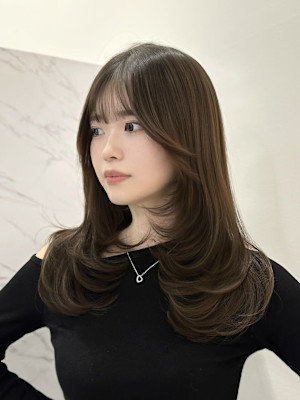 シースルーバングザクザクレイヤー×オリーブベージュ