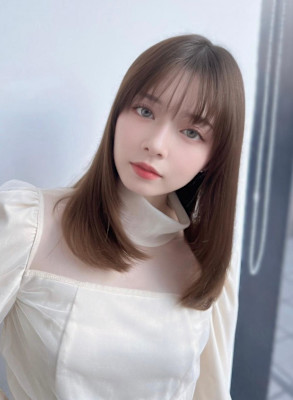 韓国風/艶感/ピンクベージュ/シースルーバング/ミディアム