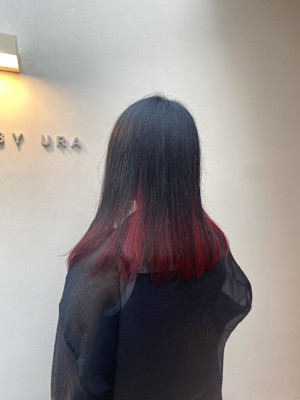 黒髪/グレーベージュ/レイヤーロング/前髪パーマ