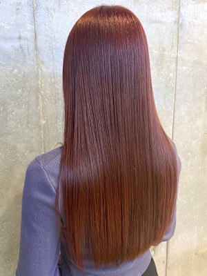 オレンジブラウン　ダメージレスカラー　ツヤ髪ロングヘア
