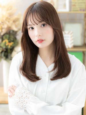 ピンクブラウン艶カラー小顔エアストレート　レイヤーロング