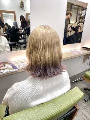 黒髪/グレーベージュ/レイヤーロング/前髪パーマ