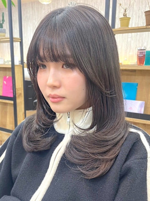 丸型卵形レイヤーカットエアリーロング美髪ピンクブラウン渋谷