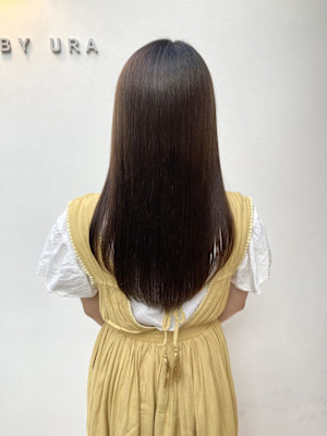 黒髪/グレーベージュ/レイヤーロング/前髪パーマ