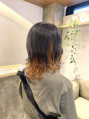 黒髪/グレーベージュ/レイヤーロング/前髪パーマ