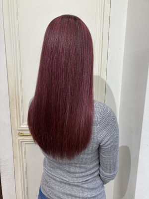 黒髪/グレーベージュ/レイヤーロング/前髪パーマ