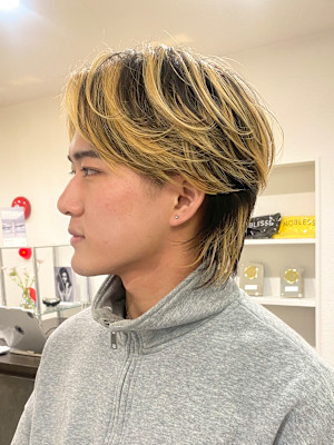 センターパートメンズウルフ/バレイヤージュ