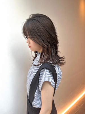 黒髪/グレーベージュ/レイヤーロング/前髪パーマ/仙台