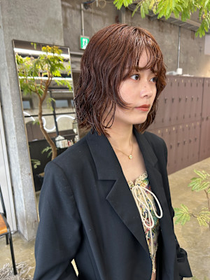 オレンジブラウン×ボブパーマ