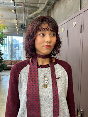 ワインレッド×ボブパーマ