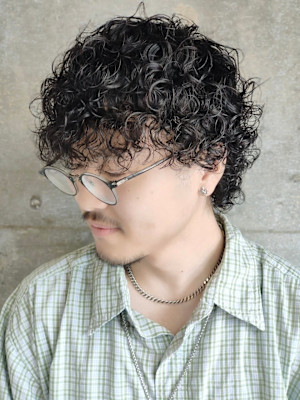 プードルパーマ　スパイラル　ハイライト　ツーブロ　マッシュ