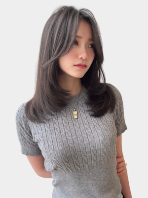 くびレイヤー前髪ピンクベージュエモージュインナーグレージュ